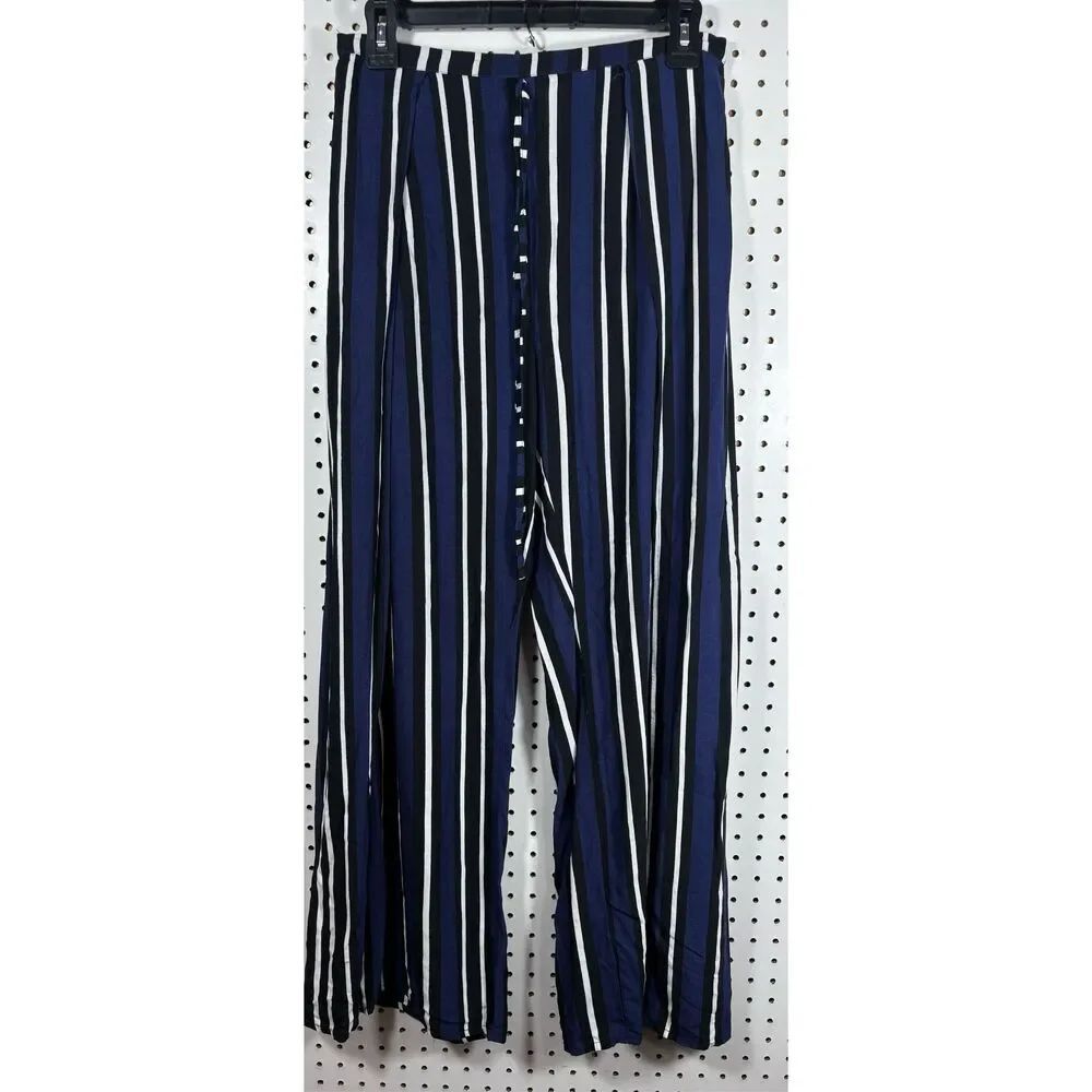 Maeve Anthropologie Blue Striped Pull On Elastic Waist Font Slit Wide Leg Pants